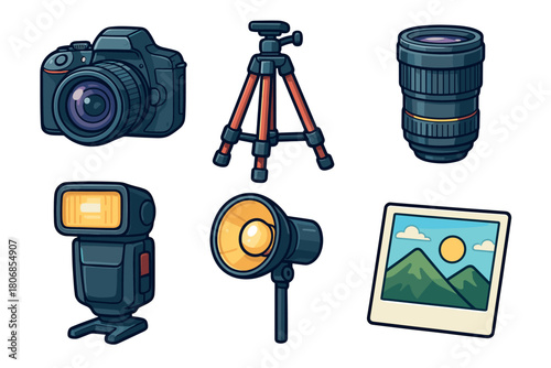 Essential photography equipment for capturing stunning moments. Set of 6 vector illustration