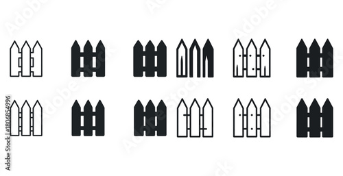 Set of black and white fence icons in various designs