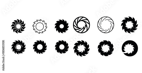 Set of circular saw blade icons in various designs and patterns