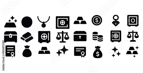 Collection of financial and jewelry icons including safes, diamo