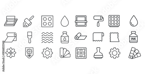 Line art icons of printing tools and patterns featuring rollers
