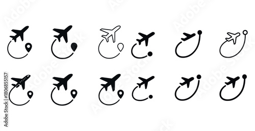 Airplane travel icons set with location markers and flight paths