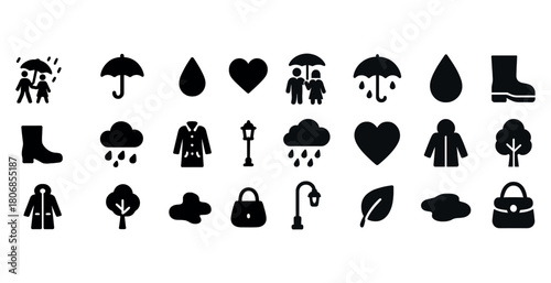 Collection of weather and fashion icons featuring umbrellas, rai