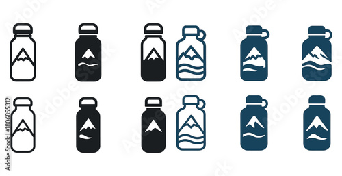 Set of mountain water bottle icons in various styles and colors