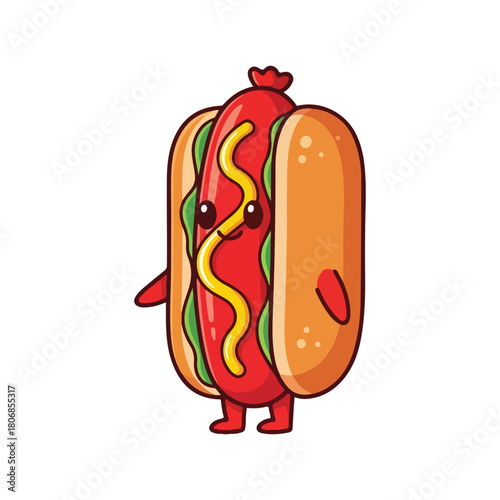 Фотография Cute Kawaii Hotdog Character with Happy Face, Bun and Sausage, Mustard Details,