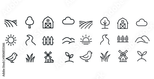 Set of minimalist farm and nature icons featuring barns, trees,