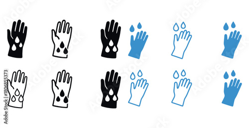 Handwashing icons: black, blue, and outline variants with water