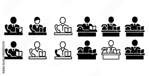 Icon set of business figures on phone and reading at desk