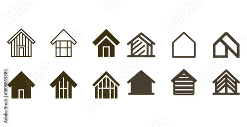 Set of minimalist house icons in brown and black on white backgr