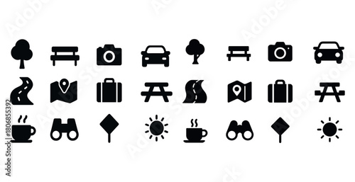 Minimalist icons of outdoor activities and travel items