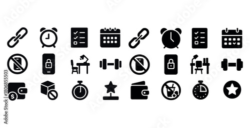 Variety of productivity and security icons in black and white