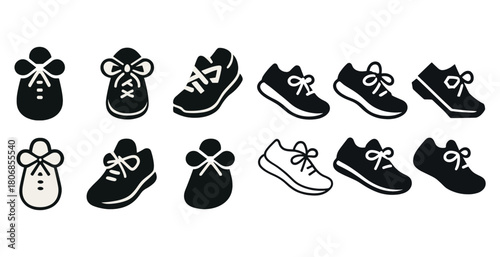 Black and white shoe icons featuring sneakers and baby shoes wit