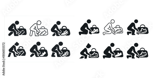 Silhouette icons of people packing bags with shoes in various po