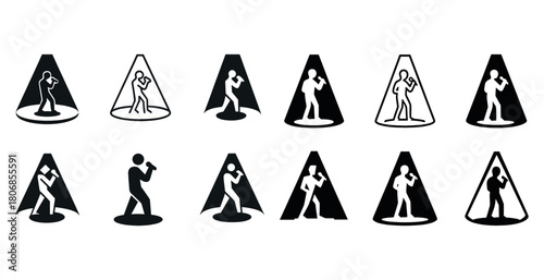 Monochrome silhouettes of singers with microphones in various po