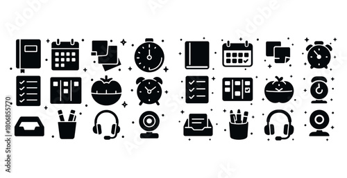 Black and white office icon set featuring calendars, alarms, not