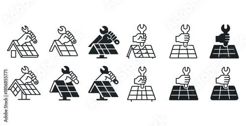 Solar panel installation icons: wrench symbols and maintenance t
