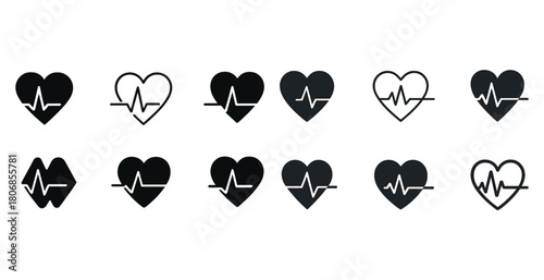 Set of heartbeat icons in various styles featuring heart and ekg
