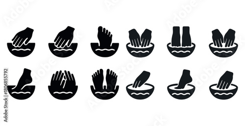 Set of hand and foot wash icons in black and white style
