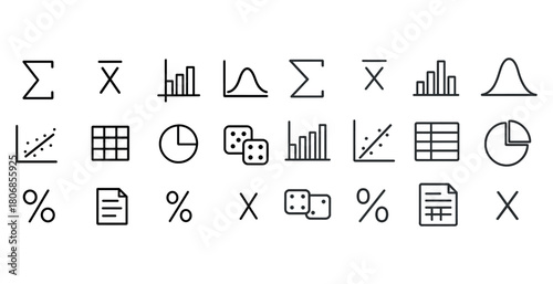 Statistical icons: charts, graphs, dice, percentages, and mathem