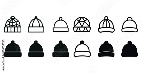 Collection of various minimalist beanie hat icons in black and w