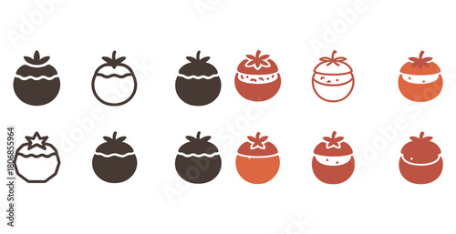 Set of tomato icons in black and red on white background