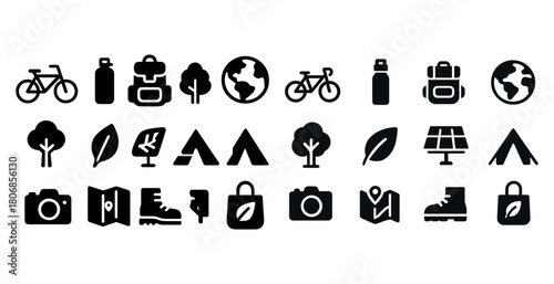 Outdoor adventure icons: cycling, hiking, camping, nature, and t
