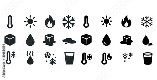 Weather icons: sun, snowflake, thermometer, ice cube, water drop