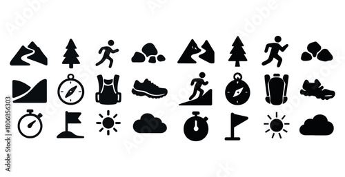 Collection of hiking and outdoor adventure icons featuring natur