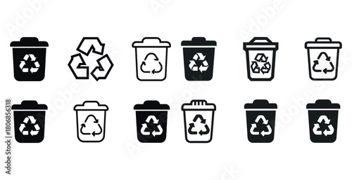 Black and white recycling bin icons with recycling symbols in va