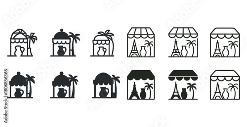 Black and white minimalist travel and decor icons collection