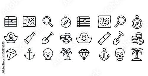 Treasure hunt icons collection: map, chest, skull, anchor, diamo