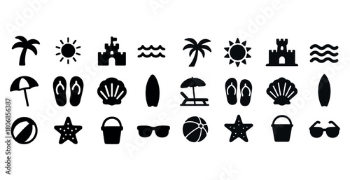 Beach icon set: palm tree, sandcastle, wave, sun, umbrella, flip