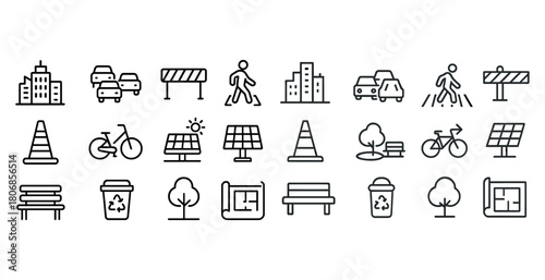 Urban design icons featuring transportation, energy, and public