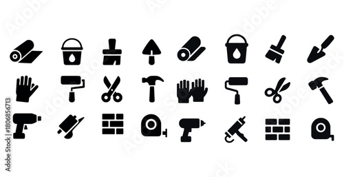 Black silhouette icons of construction and diy tools on white ba