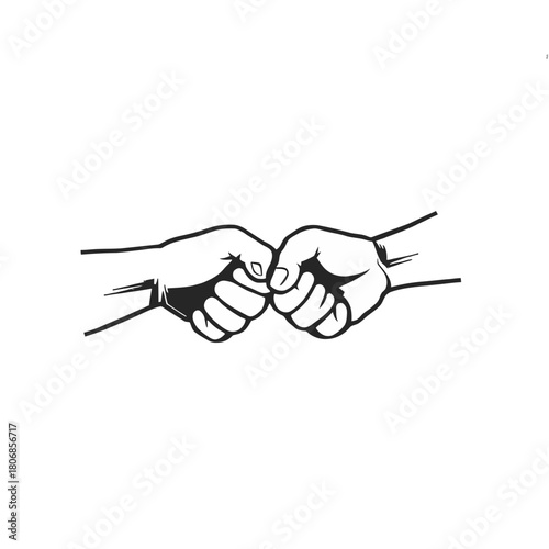 A black and white line art illustration of two hands meeting in a friendly fist bump gesture.