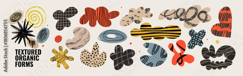 Cloud style abstract blob set with hand drawn crayon textures. Irregular organic shapes with doodles, scribbles, and playful patterns. Perfect for modern collage design, digital scrapbooking, stickers