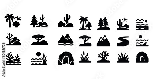 Collection of nature and landscape icons featuring trees, mounta