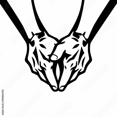 A black and white graphic illustration of two hands cupped together, symbolizing care, offering, and support.