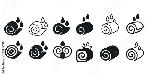 Collection of snail icons with water droplets in minimalist blac