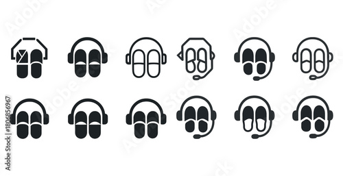 Black headset and headphone icons in flat vector style