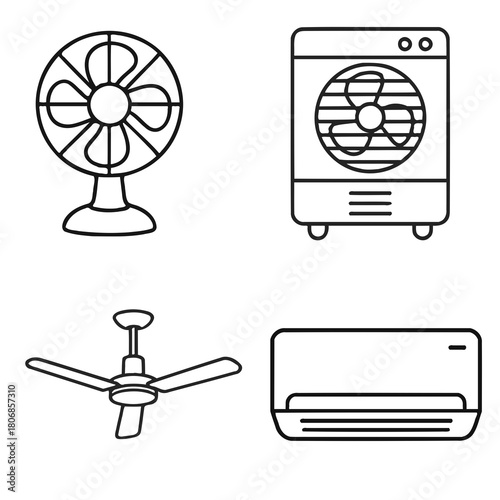 Outline icons of cooling devices include a table fan, air cooler, ceiling fan, and air conditioner