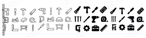 Assorted hand and power tool icons including drill, saw, hammer,