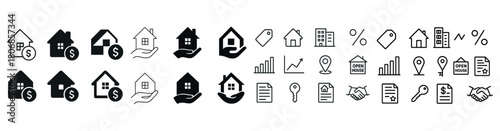 Real estate icons set: houses, pricing, location, contracts, ope