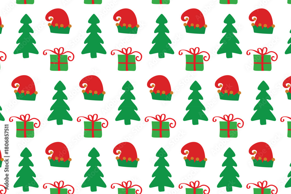 Naklejka premium Colourful Christmas seamless pattern with cartoon trees and snowflakes. Wallpaper design. Vector illustration
