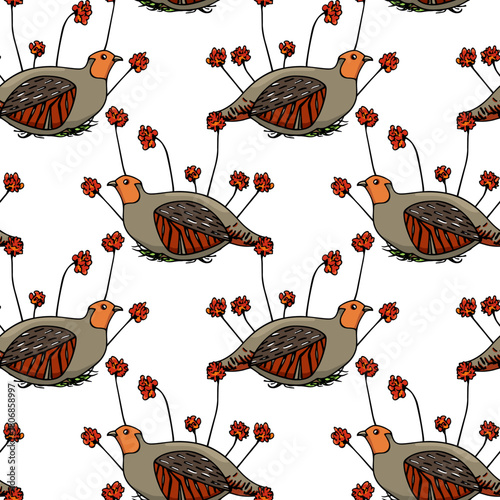 Vector seamless pattern with hand drawn cute Grey Partridges in blooming thrift flowers. Beautiful illustration, ink drawing. Perfect for prints and patterns