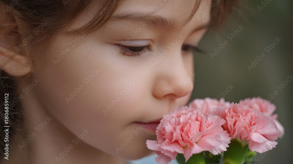 Fototapeta premium A young child gently smells delicate pink carnations experiencing the sweet floral fragrance