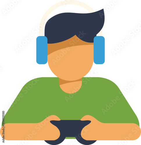 Young gamer wearing headphones using gamepad playing videogames, concentrating on the game experience