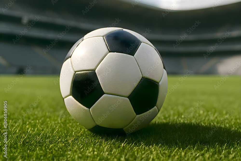 Fototapeta premium Soccer ball sitting on green grass inside stadium, ready for professional football game or training session with clear view of field lines and lighting conditions