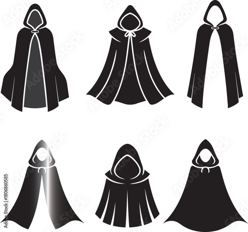 Six black hooded cloaks with different designs on white background Keywords: cloak, hooded cloak