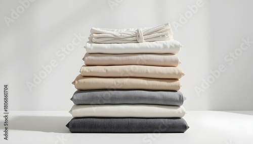 Stack of folded stylish clothes with neutral colors, cotton and linen textures, minimalist aesthetic, bright daylight, ideal for online fashion stores and minimalist lifestyle imagery.